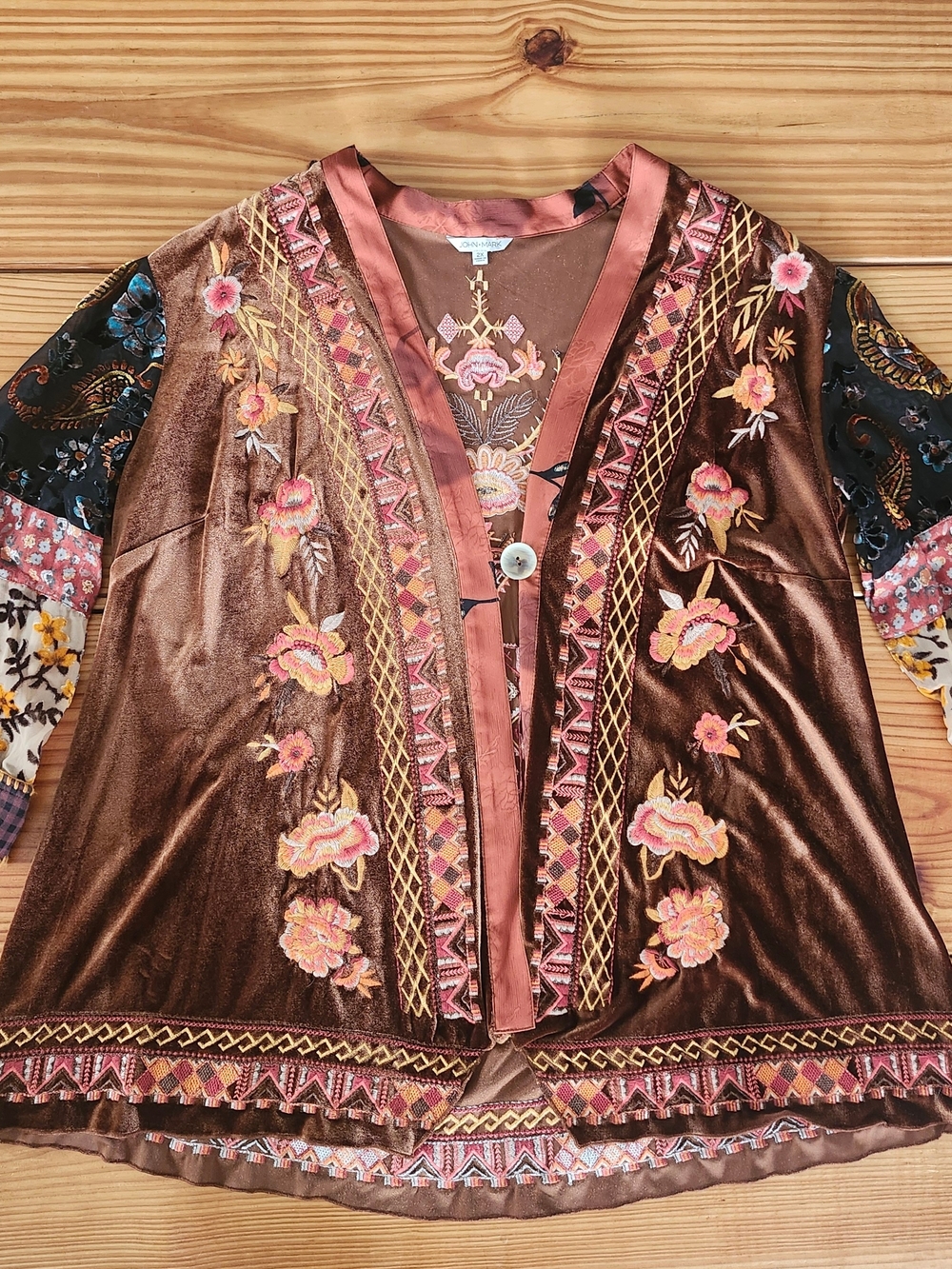 John Mark Brown Velvet Kimono Jacket with Pink Embroidery 2X